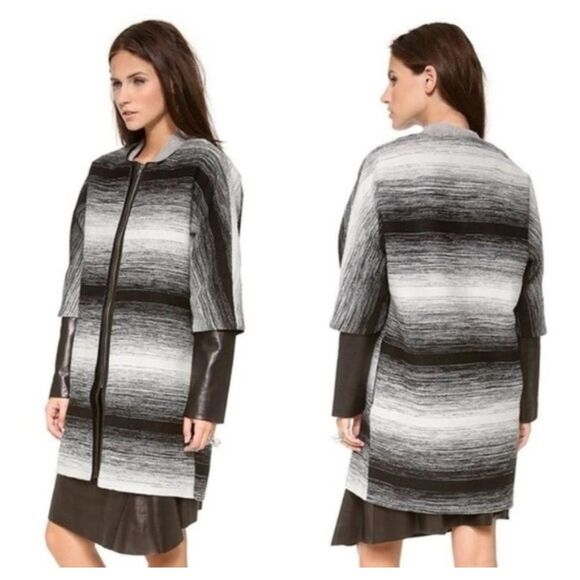 Parker  Coat w Lambs Leather Trim Black & White Stripes Size XSmall Oversized Wo - Picture 1 of 14